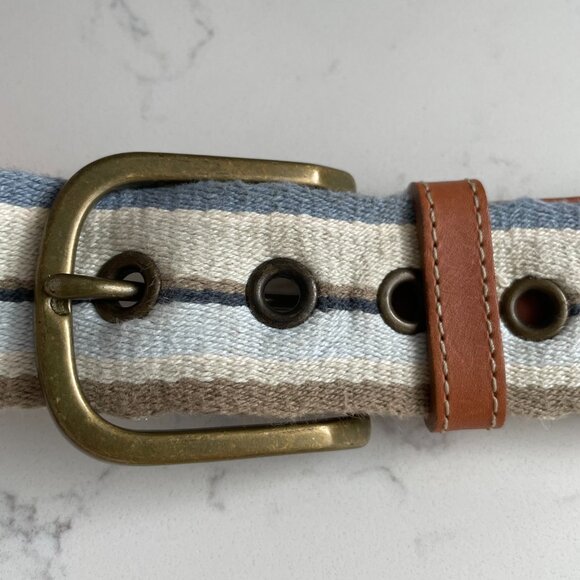 Eddie Bauer Outfitter Stripe Textile Belt Brass Buckle Leather Trim 34"-38" - Picture 4 of 10